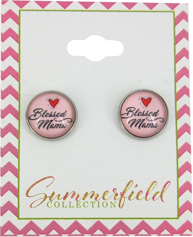 Summerfield Collection Stainless Steel Blessed Mama Print Glass Stud Earrings 12mm
