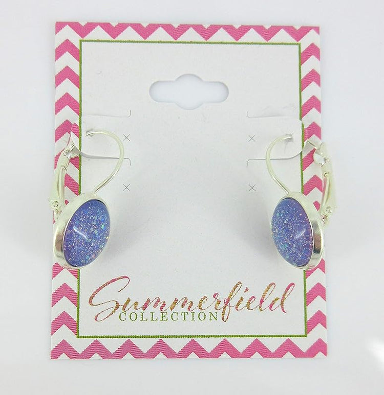 Summerfield Collection Silver-tone Periwinkle Purple Glitter Glass Lever-back Drop Galaxy Earrings Hand-painted