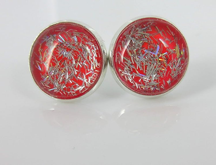 Summerfield Collection Duo Silver-tone Stud Earrings Neon Bar and Purple Pink Black Glitter Glass 12mm Hand-painted