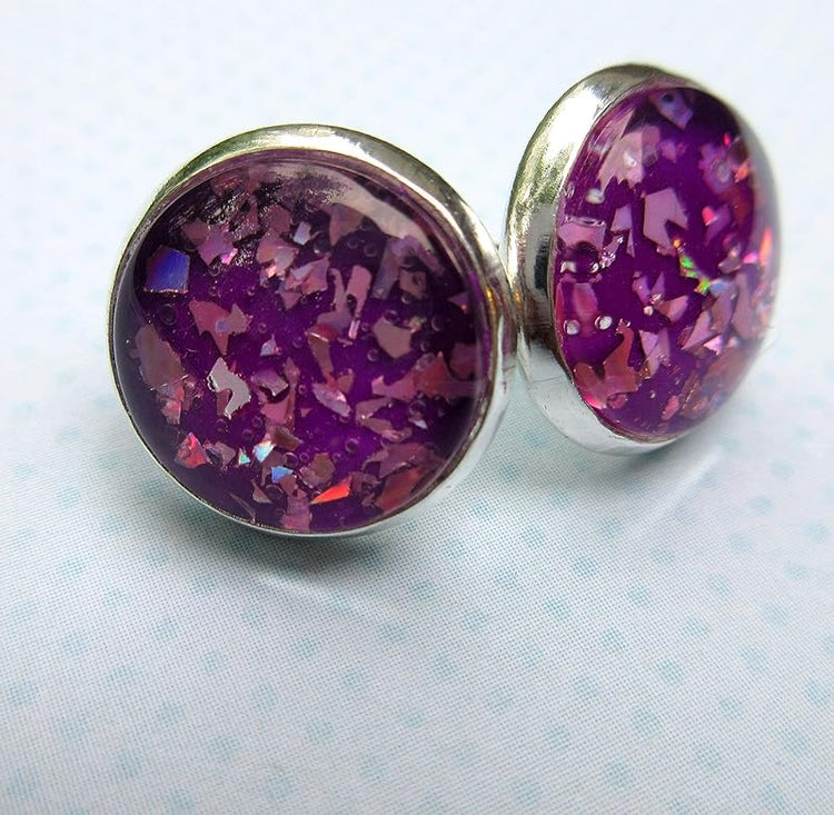 Summerfield Collection Silver-tone Purple Shard Glitter Glass Stud Earrings Hand-painted 12mm