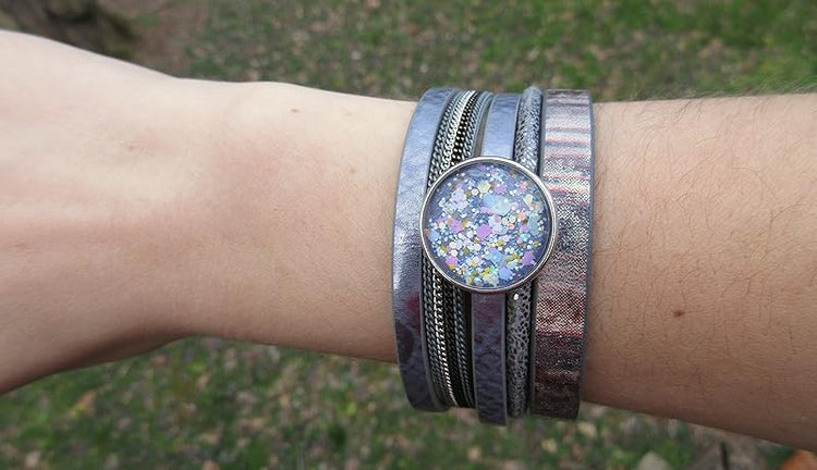 Summerfield Collection Interchangeable Snap Bracelet 3 Charm Set Purple Glitter Glass Layered Leather