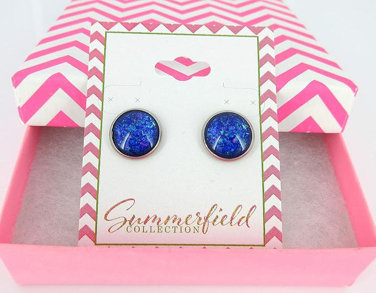 Summerfield Collection Stainless Steel Purple and Blue Holographic Glitter Glass Stud Earrings Hand-painted 12mm