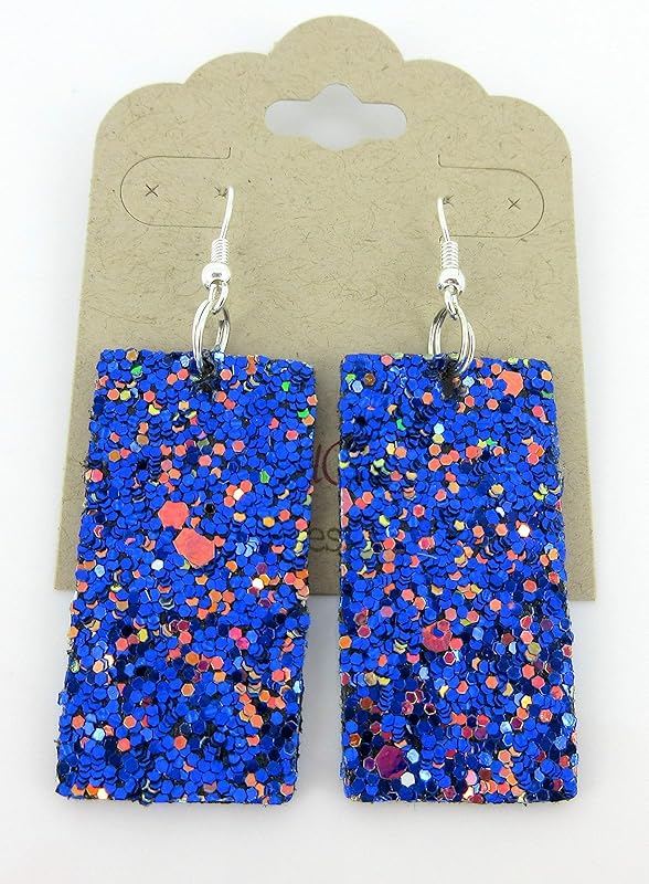 Summerfield Collection Silver-tone Glitter Faux Leather Large Rectangle Dangle Earrings (Blue w/Pink and Black)