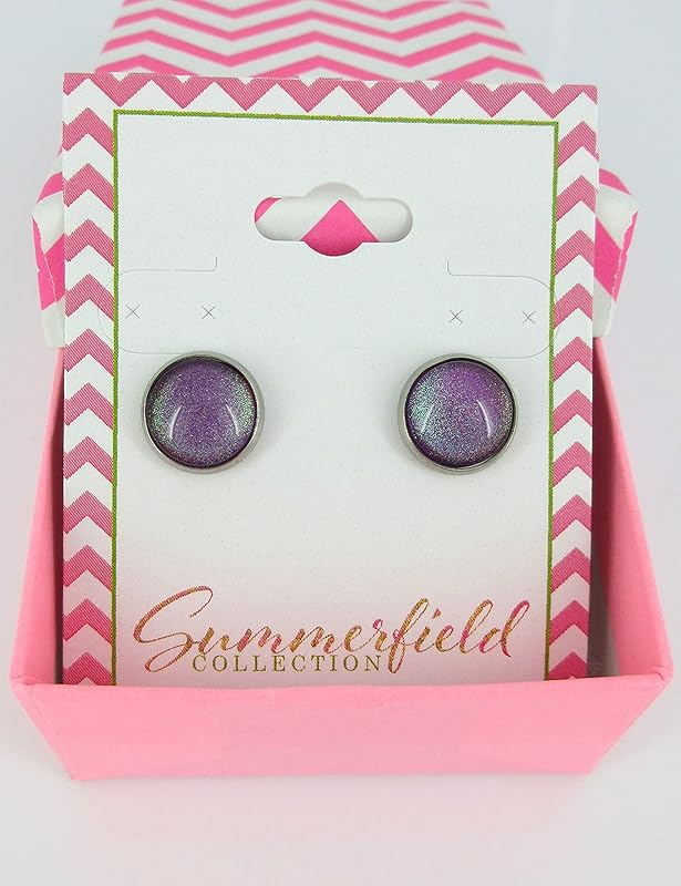 Summerfield Collection Stainless Steel Purple Colorshifting to Green Glitter Glass Stud Earrings Hand-painted 10mm