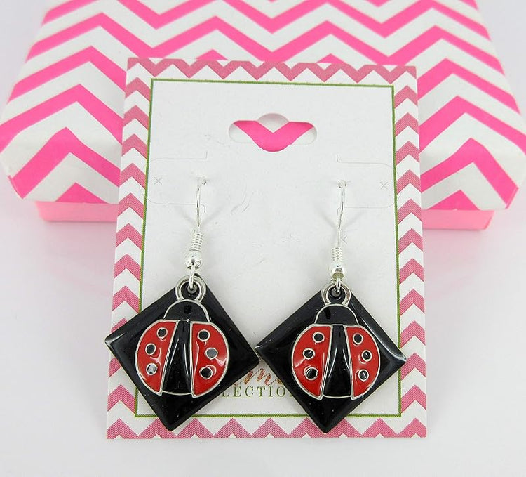 Summerfield Collection Silver-tone Black Enamel and Red Ladybug Charm Dangle Earrings