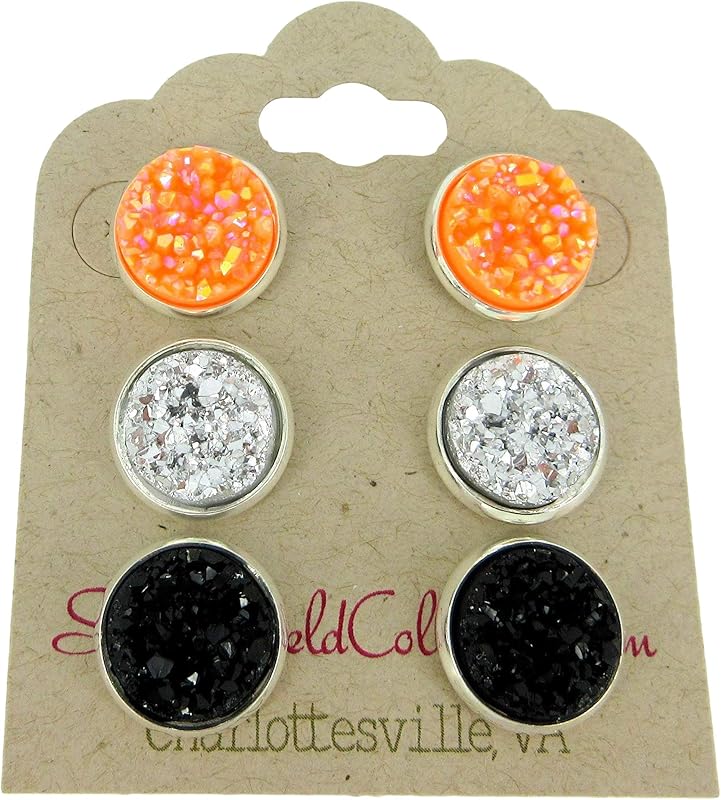 Summerfield Collection Trio Silver-tone Stud Earrings Faux Druzy Stone Orange AB Black Set 12mm