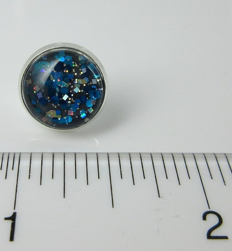 Summerfield Collection Silver-tone Charcoal Gray and Blue Glitter Glass Stud Earrings Hand-painted 12mm
