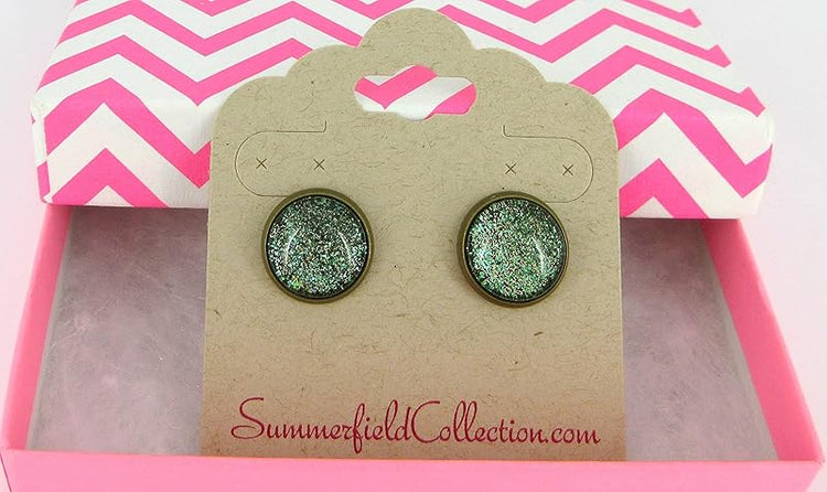 Summerfield Collection Antiqued Gold-Tone Army Green Glitter Glass Stud Earrings 12mm