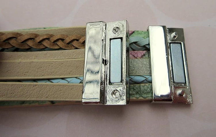 Summerfield Collection Interchangeable Snap Bracelet 3 Charm Set Blue Green Pink Glitter Glass Layered Leather