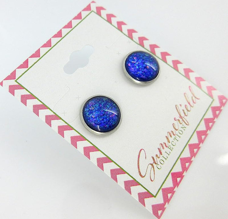 Summerfield Collection Stainless Steel Purple and Blue Holographic Glitter Glass Stud Earrings Hand-painted 12mm