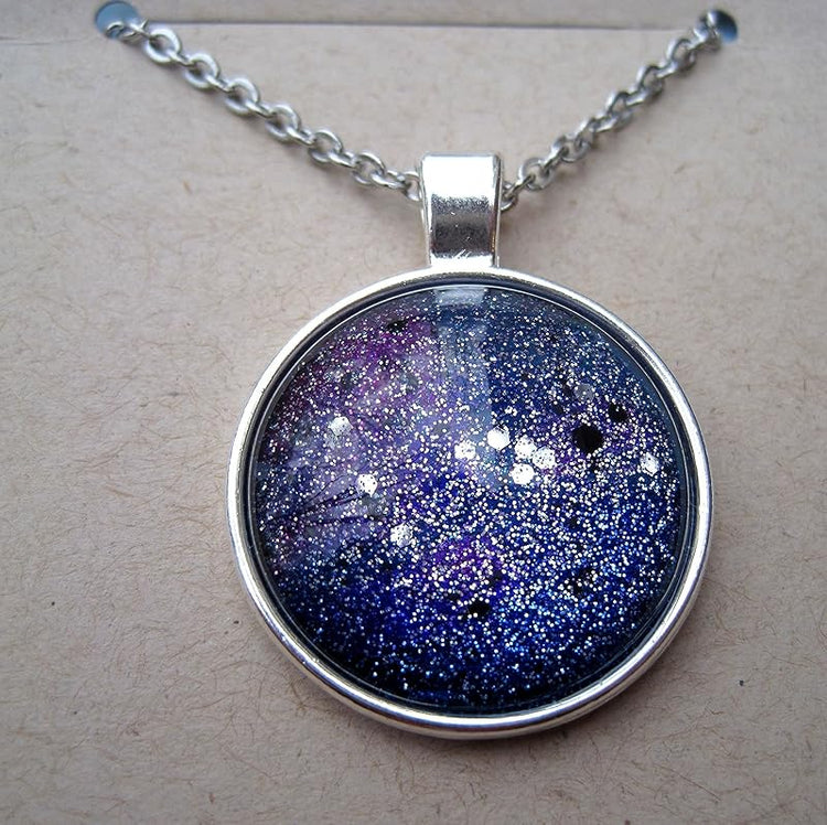 Summerfield Collection Silver-tone Hand-painted Glitter Glass Galaxy Pendant Necklace 20" Chain Stainless Steel