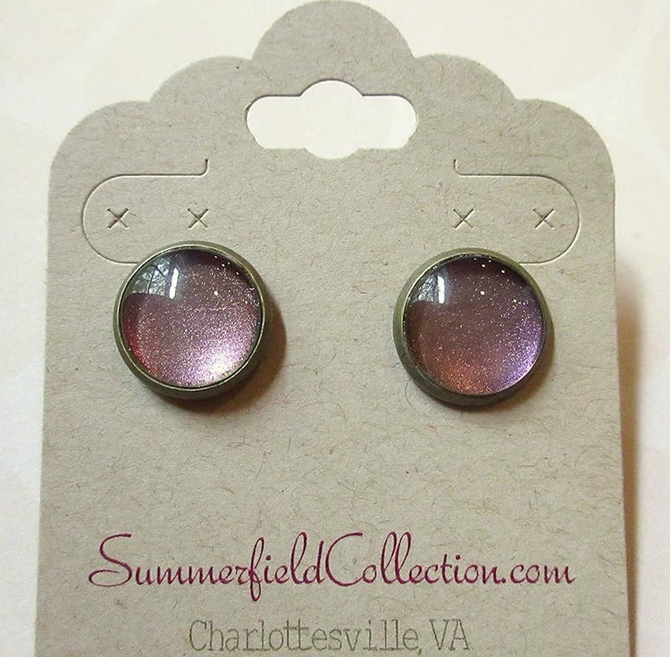 Summerfield Collection Antiqued Gold-tone Metallic Deep Purple Color Shifting Glass Stud Earrings Hand-painted 12mm