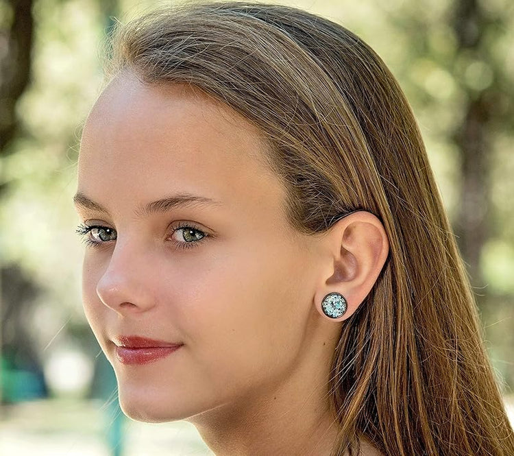 Summerfield Collection Stainless Steel Mint Green and Silver Glitter Glass Stud Earrings Hand-painted 12mm