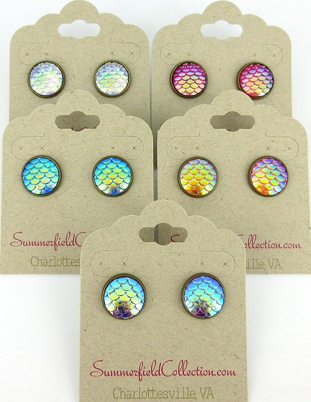 Summerfield Collection Antiqued Gold-tone Metallic Mermaid Scale Stud Earrings 12mm (Green/Blue AB)