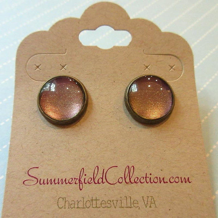Summerfield Collection Antiqued Gold-tone Metallic Deep Purple Color Shifting Glass Stud Earrings Hand-painted 12mm