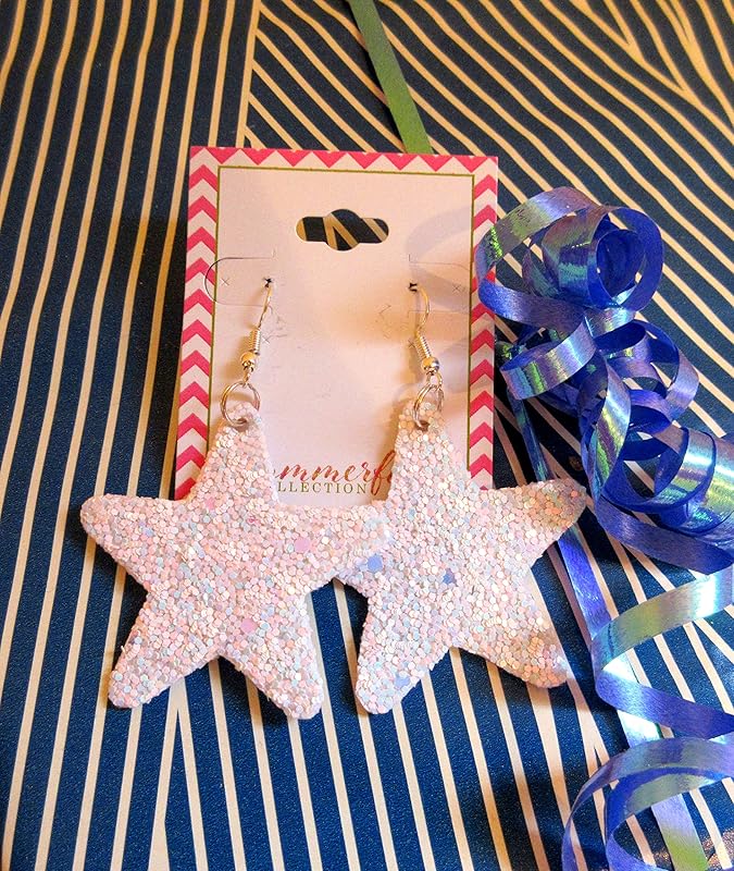 Summerfield Collection Glitter Faux Leather Large Star Dangle Earrings (White with Pink and Lt Blue)
