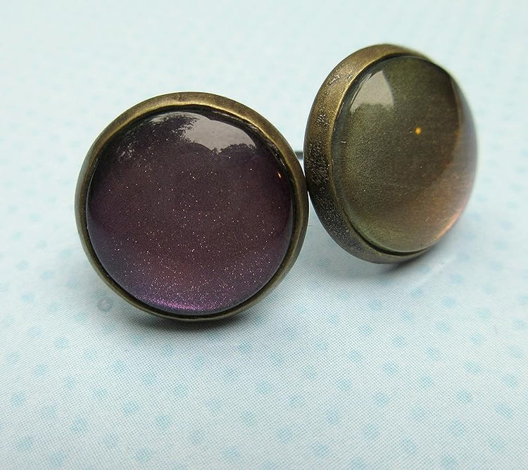 Summerfield Collection Antiqued Gold-tone Metallic Deep Purple Color Shifting Glass Stud Earrings Hand-painted 12mm