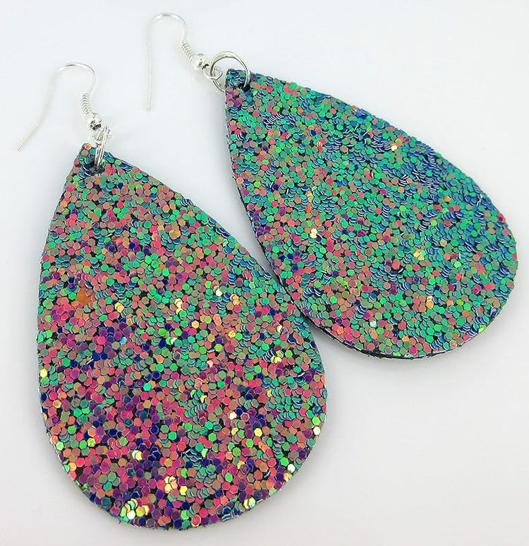 Summerfield Collection Silver-tone Glitter Faux Leather Large Teardrop Dangle Earrings (Teal and Pink)