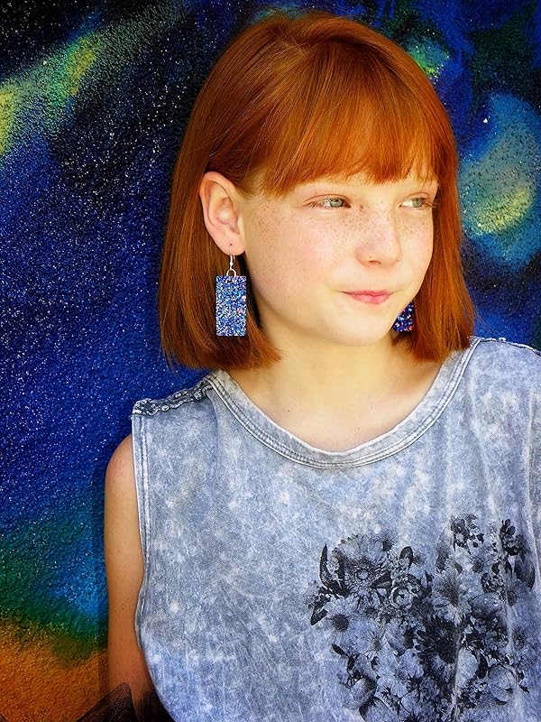 Summerfield Collection Silver-tone Glitter Faux Leather Large Rectangle Dangle Earrings (Blue w/Pink and Black)