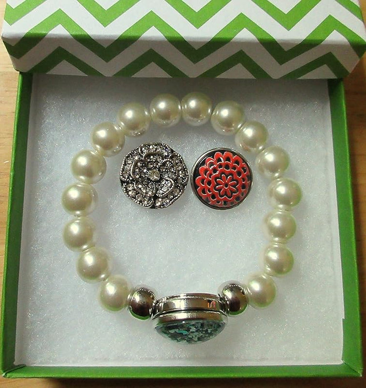 Summerfield Collection Interchangeable Snap Bracelet 3 Charm Set Mint Glitter Glass Faux Pearl Stretch