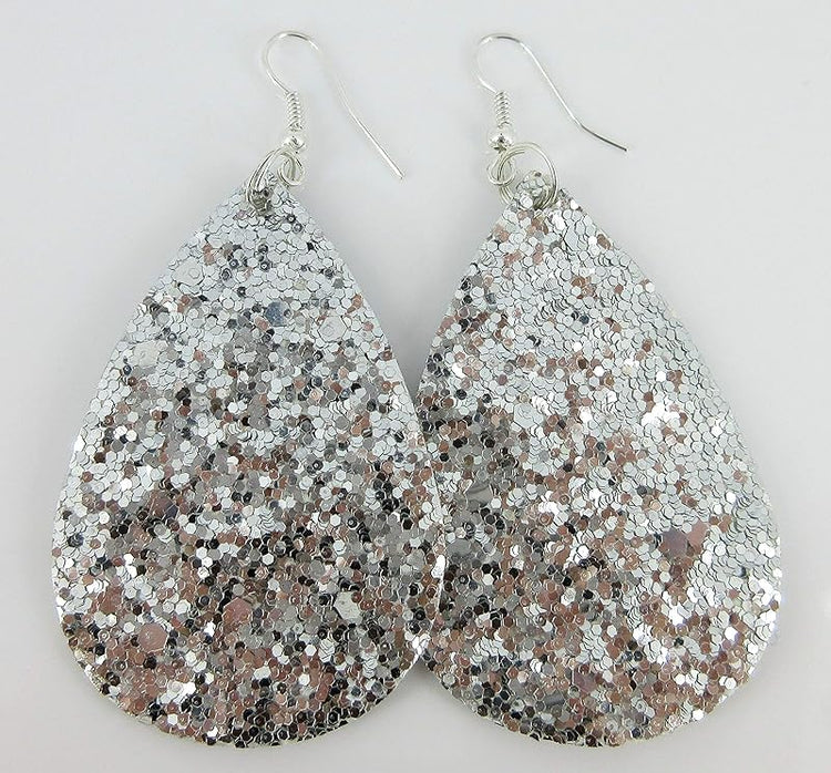 Summerfield Collection Silver-tone Glitter Faux Leather Large Teardrop Dangle Earrings (Silver)