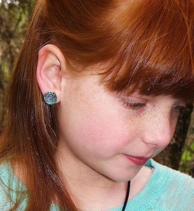 Summerfield Collection Silver-tone Duo Stud Earrings Teal Blue Green and Hot Pink Glitter Glass Set 12mm Hand-painted