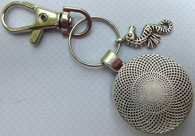 Summerfield Collection Antiqued Silver-tone Ocean Blue Glitter Glass Keychain Seahorse Charm Hand-painted