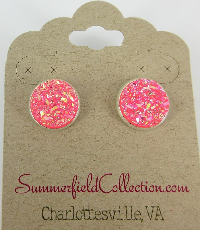 Summerfield Collection Silver-tone Solid AB Faux Druzy Stone Stud Earrings 12mm (Hot Pink)