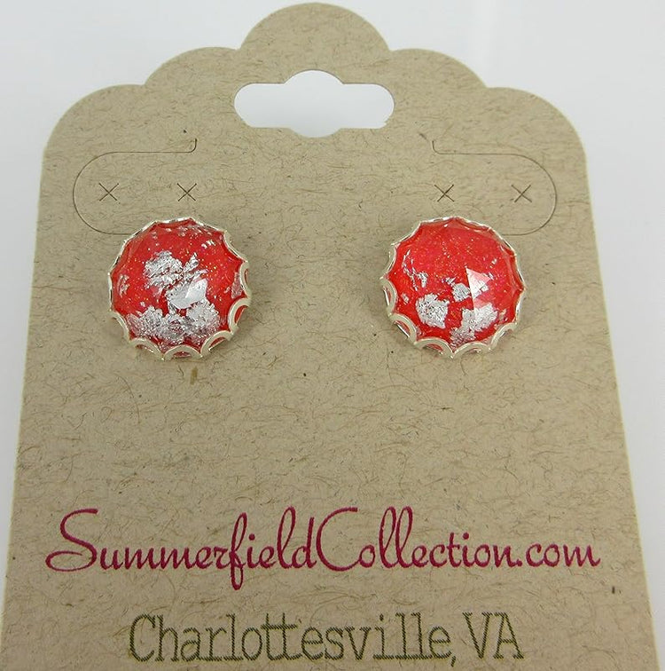 Summerfield Collection Silver Foil Faceted Resin Stud Earrings 12mm (Red)
